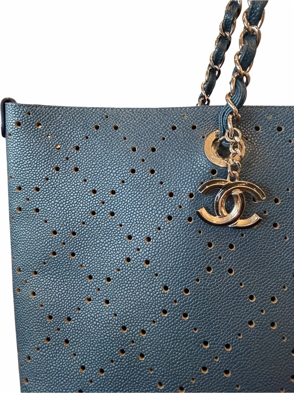 CHANEL Blue Perforated Leather Tote with Silver CC Charm - Picture 5 of 13